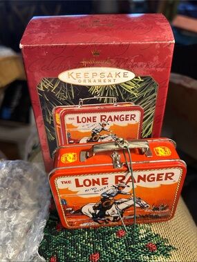 1997 Hallmark Red and Orange Lone Ranger Tin Miniature Lunchbox Ornament